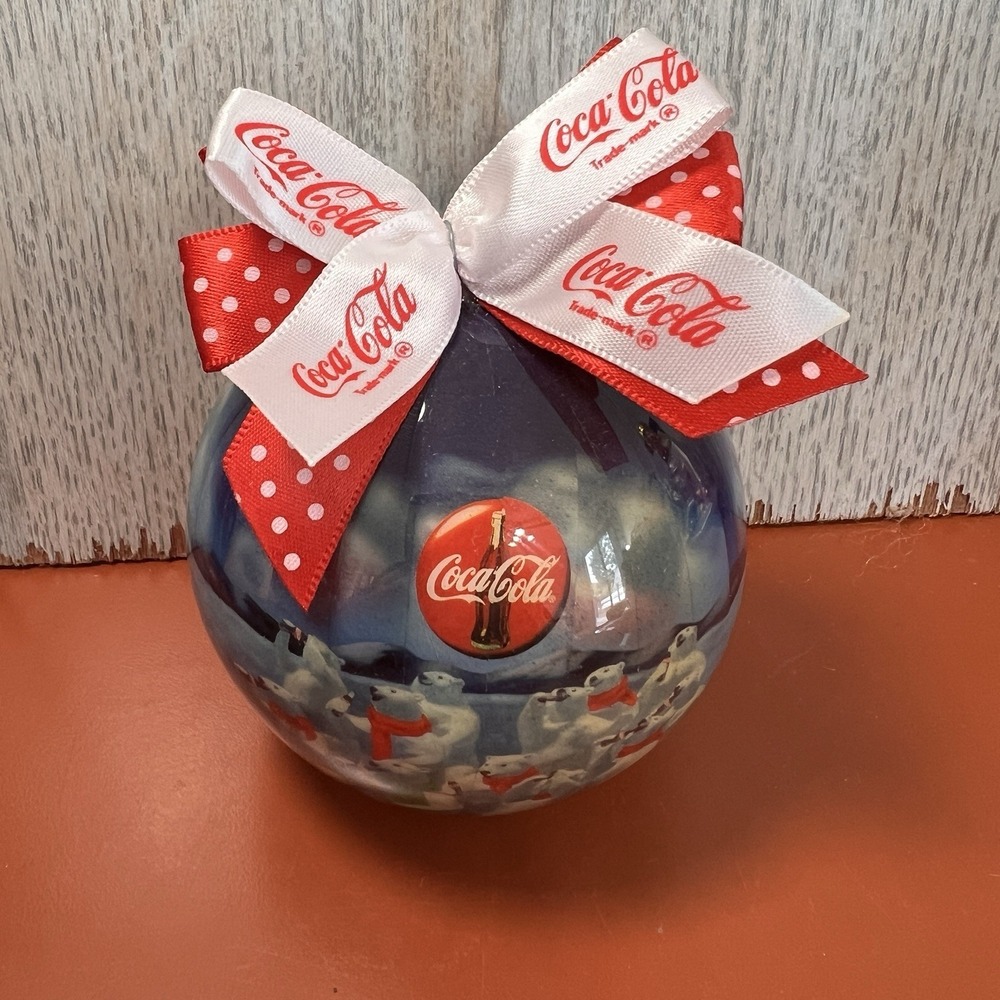 Coca Cola Polar Bear Blue Christmas 3" Ornament 1995 Coke Vtg Ribbons Plastic‎